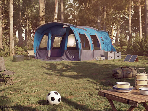 Prostorn&yacute; modr&yacute; rodinn&yacute; stan instalovan&yacute; venku s v&iacute;ce sekcemi, navržen&yacute; pro pohodln&eacute; skupinov&eacute; kempov&aacute;n&iacute;.