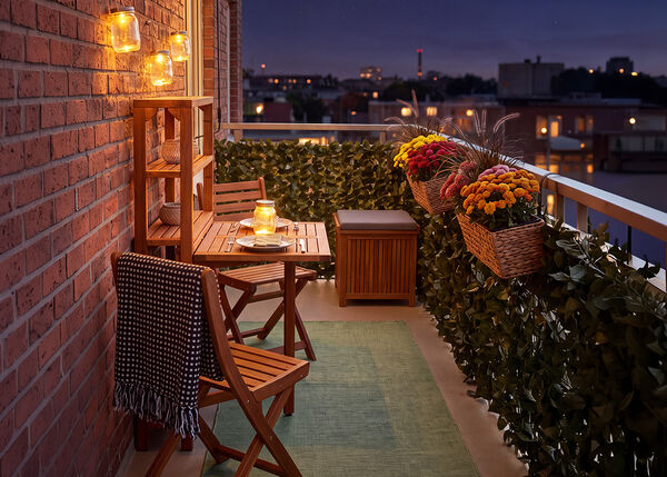 Mal&yacute; balkon s dřevěn&yacute;mi židlemi a stolem, osvětlen&yacute; lucernami a sv&iacute;čkami, zdoben&yacute; květinami v květin&aacute;č&iacute;ch a zelen&iacute;, s nočn&iacute;m v&yacute;hledem na městsk&eacute; panorama.