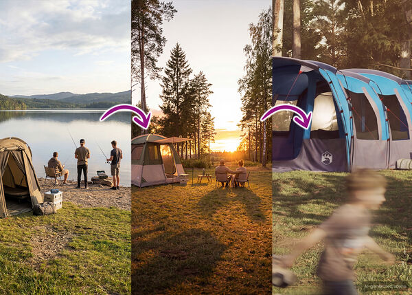 Banner s rozdělenou obrazovkou zobrazuj&iacute;c&iacute; v&yacute;voj kempingov&yacute;ch z&aacute;žitků. Vlevo tři lid&eacute; rybař&iacute; a odpoč&iacute;vaj&iacute; u mal&eacute;ho stanu na břehu jezera při z&aacute;padu slunce. Uprostřed sed&iacute; dva lid&eacute; u stolu a za nimi je vět&scaron;&iacute; modro&scaron;ed&yacute; stan, rovněž při z&aacute;padu slunce. Prav&aacute; strana ukazuje rozmazan&yacute; pohled na vět&scaron;&iacute; konstrukci podobnou stanu. &Scaron;ipky naznačuj&iacute; přechod mezi sc&eacute;nami a vylep&scaron;en&iacute; venkovn&iacute; rekreace.