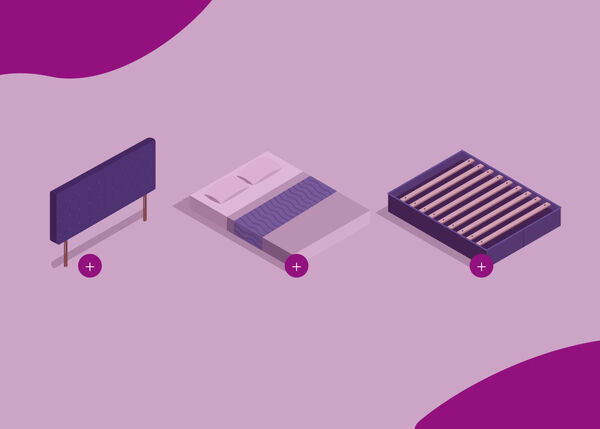 Ilustrace tř&iacute; samostatn&yacute;ch č&aacute;st&iacute; postele: čelo vlevo, matrace s povlečen&iacute;m uprostřed a lamelov&yacute; ro&scaron;t vpravo, každ&aacute; s kruhovou ikonou plus pod sebou.