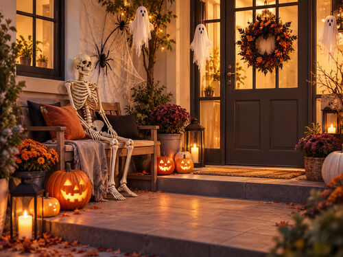 Vstupn&iacute; veranda vyzdoben&aacute; na Halloween se sv&iacute;t&iacute;c&iacute;mi d&yacute;němi, kostlivcem na lavičce, vis&iacute;c&iacute;mi duchy, pavučinami a tepl&yacute;mi sv&aacute;tečn&iacute;mi světly.