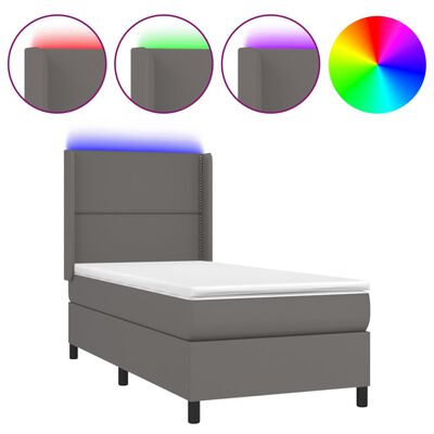 vidaXL Box spring postel s matrací a LED šedá 90x200 cm umělá kůže