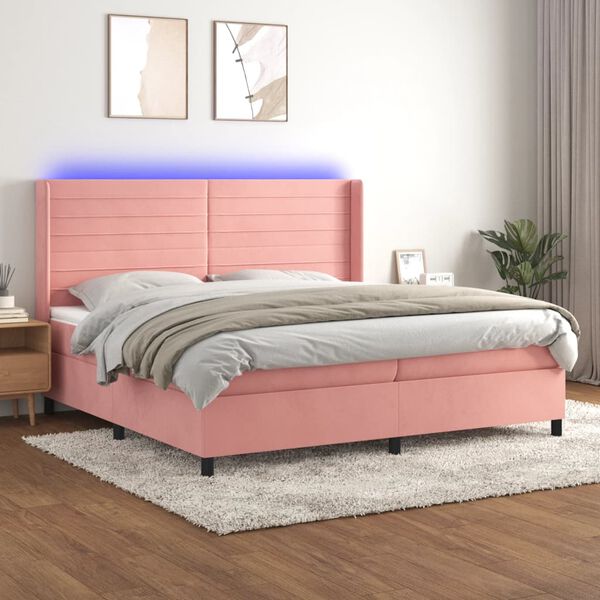 vidaXL Box spring postel s matrac&iacute; a LED růžov&aacute; 200x200 cm samet