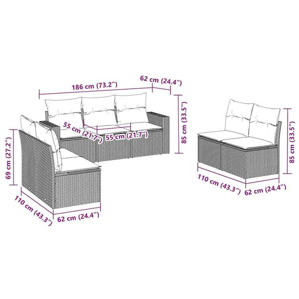vidaXL 7dílná zahradní sedací souprava s poduškami hnědá polyratan