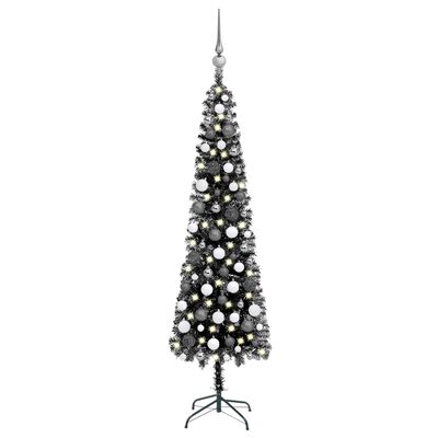 vidaXL Úzký vánoční stromek s LED a sadou koulí černý 180 cm