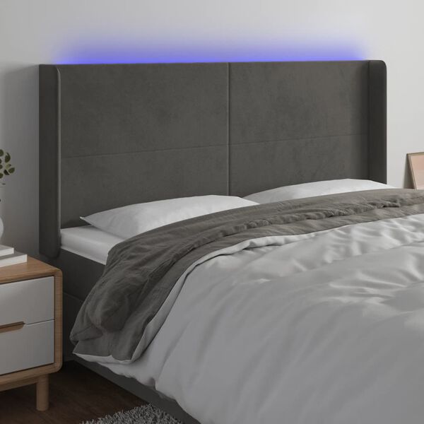 vidaXL Čelo postele s LED tmavě &scaron;ed&eacute; 183 x 16 x 118/128 cm samet