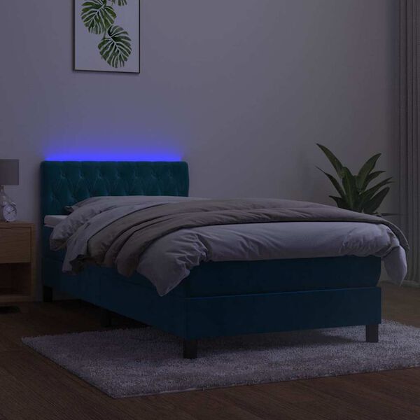 vidaXL Box spring postel s matrac&iacute; a LED tmavě modr&aacute; 90x200 cm samet