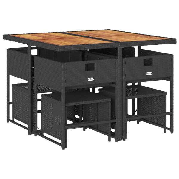 vidaXL 9d&iacute;ln&yacute; zahradn&iacute; j&iacute;deln&iacute; set s podu&scaron;kami čern&yacute; polyratan