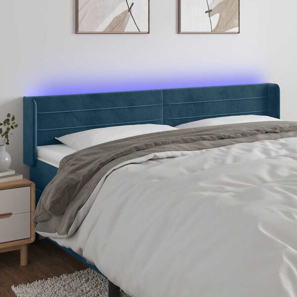 vidaXL Čelo postele s LED tmavě modr&eacute; 203 x 16 x 78/88 cm samet