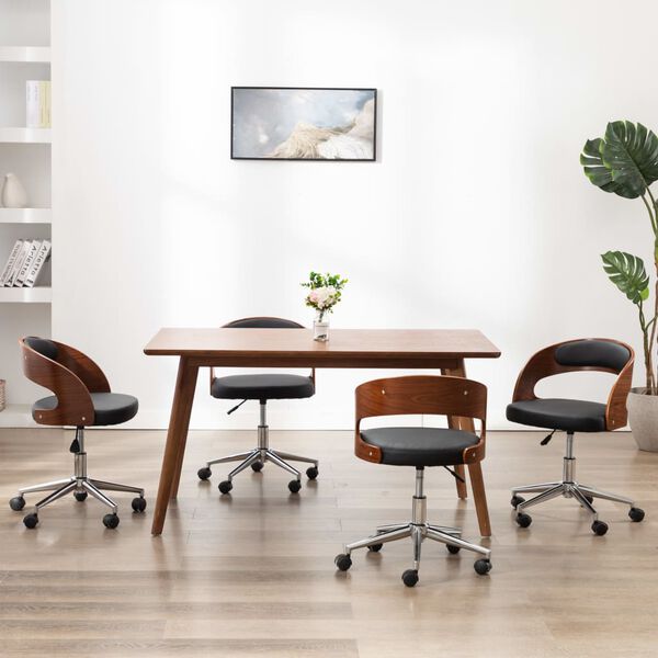 vidaXL Otočn&eacute; j&iacute;deln&iacute; židle 4 ks čern&eacute; oh&yacute;ban&eacute; dřevo a uměl&aacute; kůže