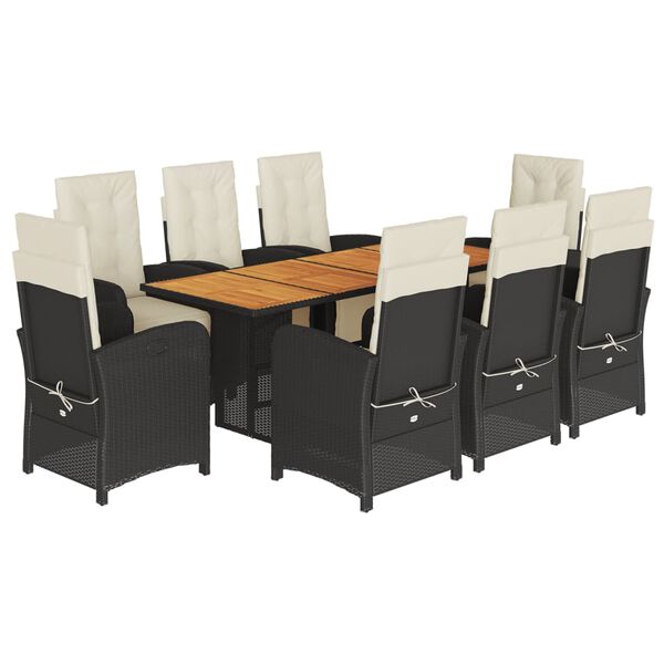 vidaXL 9d&iacute;ln&yacute; zahradn&iacute; j&iacute;deln&iacute; set s podu&scaron;kami čern&yacute; polyratan