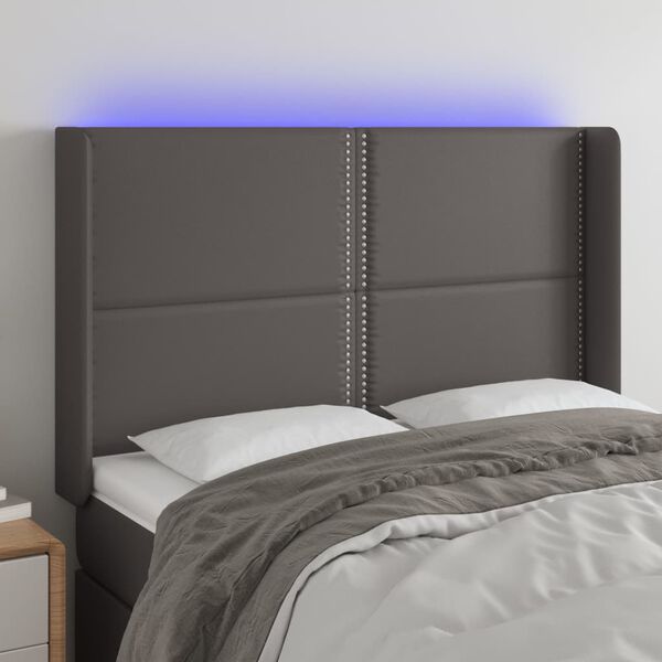 vidaXL Čelo postele s LED &scaron;ed&eacute; 147 x 16 x 118/128 cm uměl&aacute; kůže