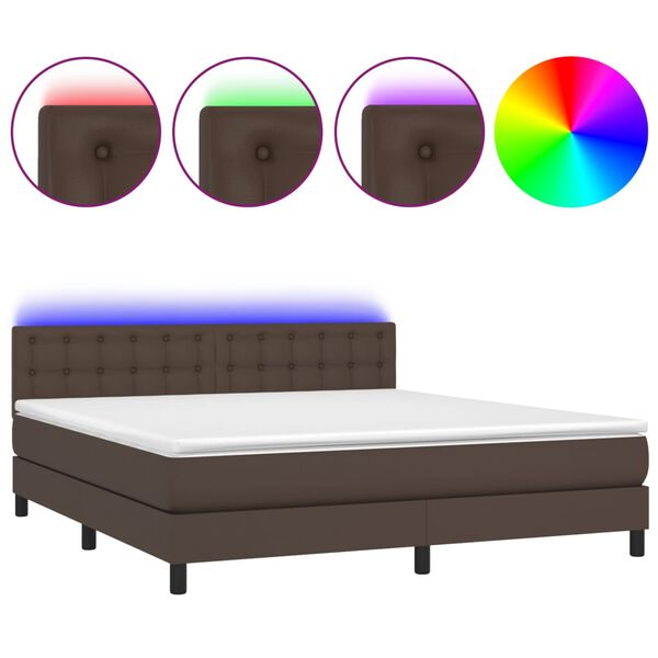vidaXL Box spring postel s matrac&iacute; a LED hněd&aacute; 180x200 cm uměl&aacute; kůže