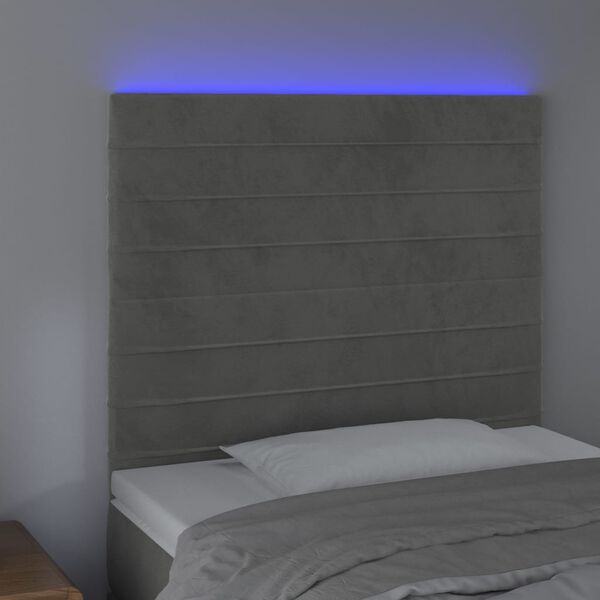 vidaXL Čelo postele s LED světle šedé 80x5x118/128 cm samet