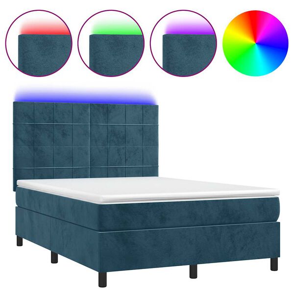vidaXL Box spring postel s matrac&iacute; a LED tmavě modr&aacute; 140x200 cm samet