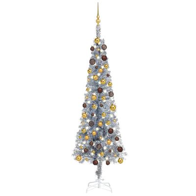 vidaXL Úzký vánoční stromek s LED a sadou koulí stříbrný 180 cm