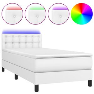vidaXL Box spring postel s matrac&iacute; a LED b&iacute;l&aacute; 90x190 cm uměl&aacute; kůže