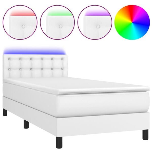 vidaXL Box spring postel s matrac&iacute; a LED b&iacute;l&aacute; 90x190 cm uměl&aacute; kůže