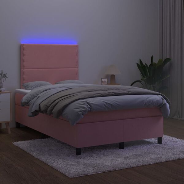 vidaXL Box spring postel s matrac&iacute; a LED růžov&aacute; 120x200 cm samet