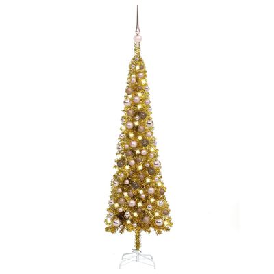 vidaXL Úzký vánoční stromek s LED a sadou koulí zlatý 120 cm