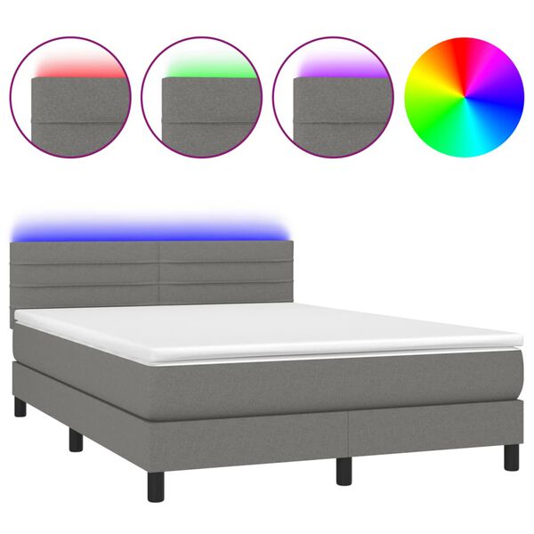 vidaXL Box spring postel s matrací a LED tmavě šedá 140x190 cm textil