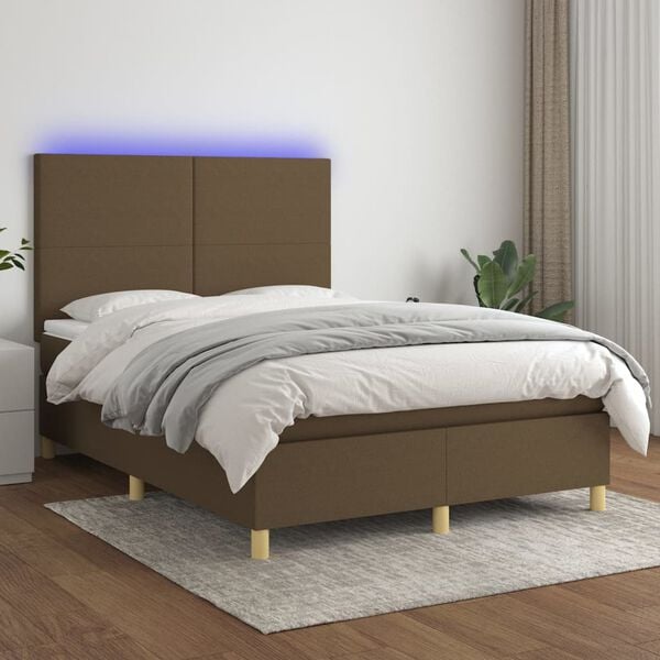 vidaXL Box spring postel s matrac&iacute; a LED tmavě hněd&aacute; 140x190 cm textil