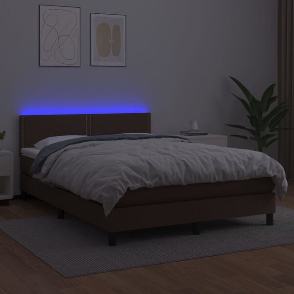 vidaXL Box spring postel s matrac&iacute; a LED hněd&aacute; 140x190 cm uměl&aacute; kůže