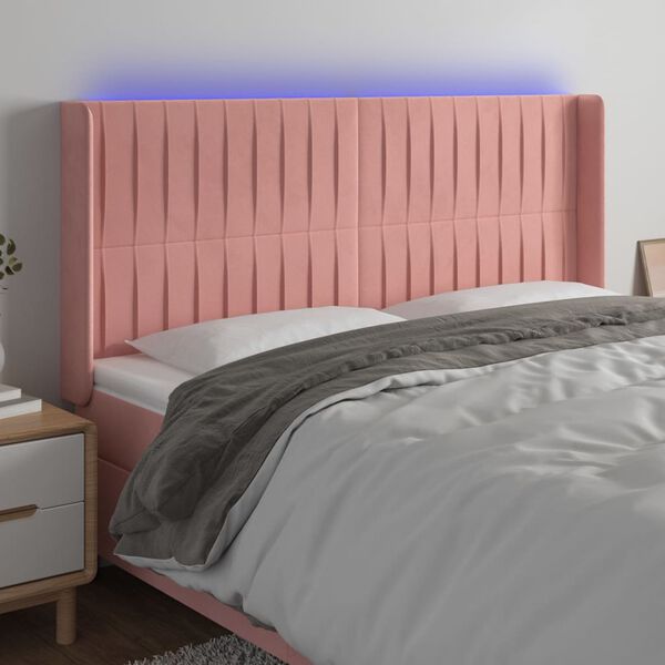 vidaXL Čelo postele s LED růžov&eacute; 163 x 16 x 118/128 cm samet