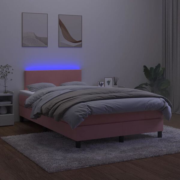 vidaXL Box spring postel s matrac&iacute; a LED růžov&aacute; 120x200 cm samet