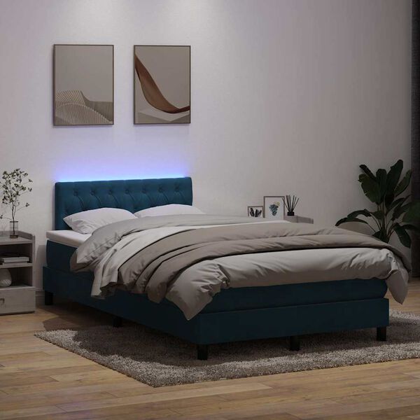 vidaXL Box spring postel s matrac&iacute; a LED tmavě modr&aacute; 120x210 cm samet