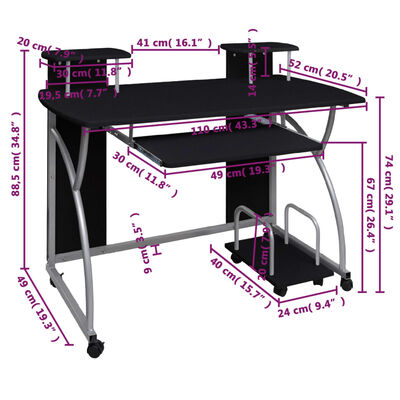 vidaXL Počítačový stůl černý 110 x 52 x 88,5 cm kompozitní dřevo