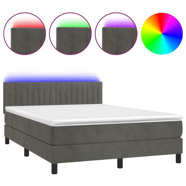 vidaXL Box spring postel s matrac&iacute; a LED tmavě &scaron;ed&aacute; 140x200 cm samet