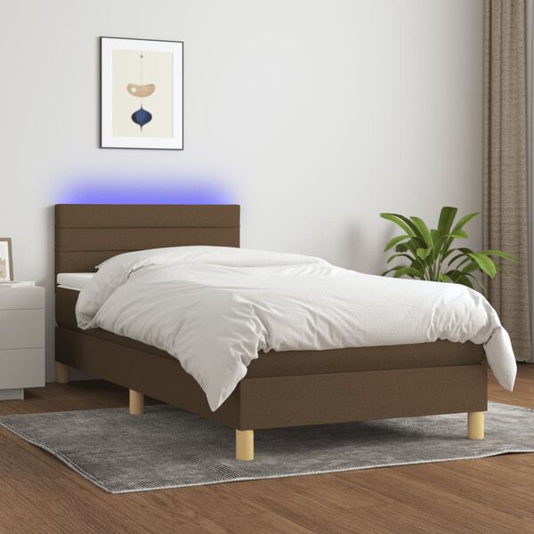vidaXL Box spring postel s matrac&iacute; a LED tmavě hněd&aacute; 90x190 cm textil
