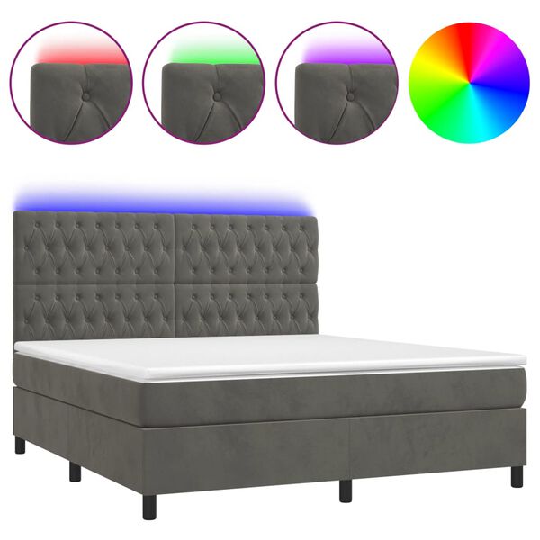 vidaXL Box spring postel s matrac&iacute; a LED tmavě &scaron;ed&aacute; 180x200 cm samet