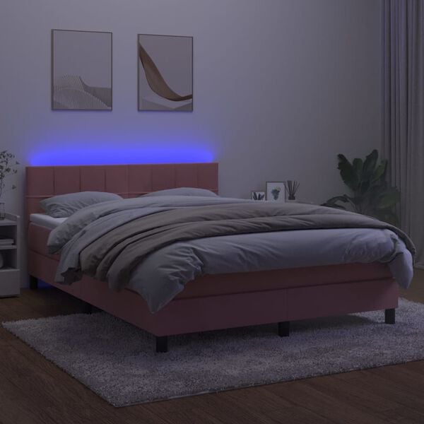 vidaXL Box spring postel s matrac&iacute; a LED růžov&aacute; 140x190 cm samet