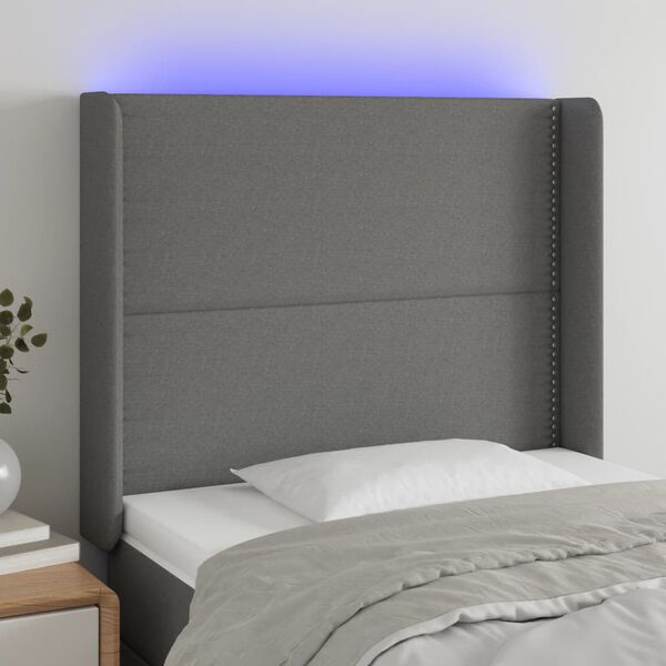vidaXL Čelo postele s LED tmavě &scaron;ed&eacute; 93 x 16 x 118/128 cm textil