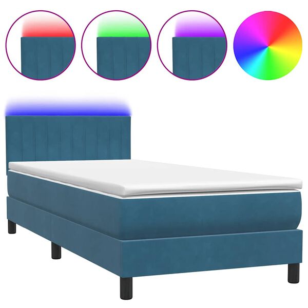 vidaXL Box spring postel s matrac&iacute; a LED tmavě modr&aacute; 90x220 cm samet