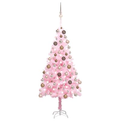 vidaXL Umělý vánoční stromek s LED a sadou koulí růžový 150 cm PVC