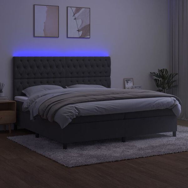 vidaXL Box spring postel s matrac&iacute; a LED tmavě &scaron;ed&aacute; 200x200 cm samet