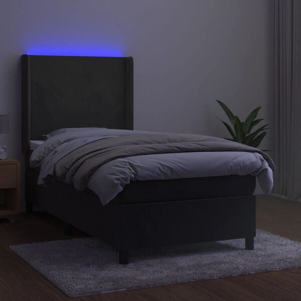 vidaXL Box spring postel s matrac&iacute; a LED tmavě &scaron;ed&aacute; 100x200 cm samet