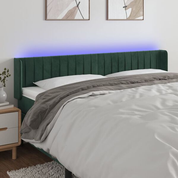 vidaXL Čelo postele s LED tmavě zelen&eacute; 183 x 16 x 78/88 cm samet