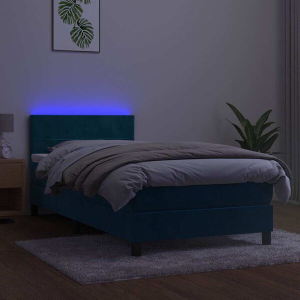 vidaXL Box spring postel s matrac&iacute; a LED tmavě modr&aacute; 90x190 cm samet