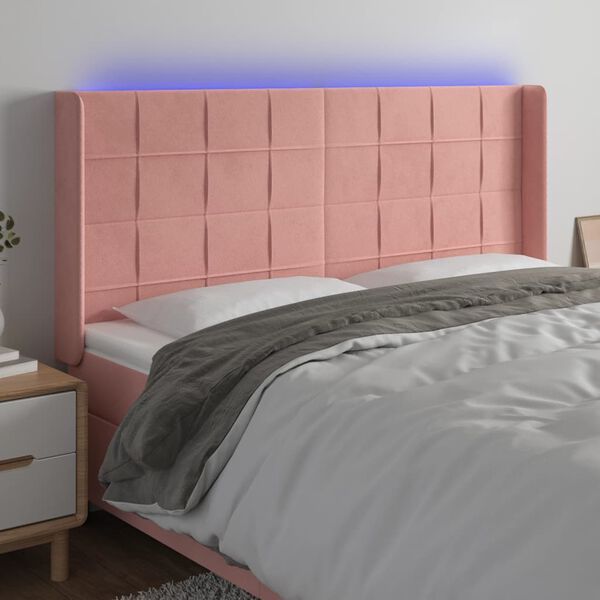 vidaXL Čelo postele s LED růžov&eacute; 163 x 16 x 118/128 cm samet
