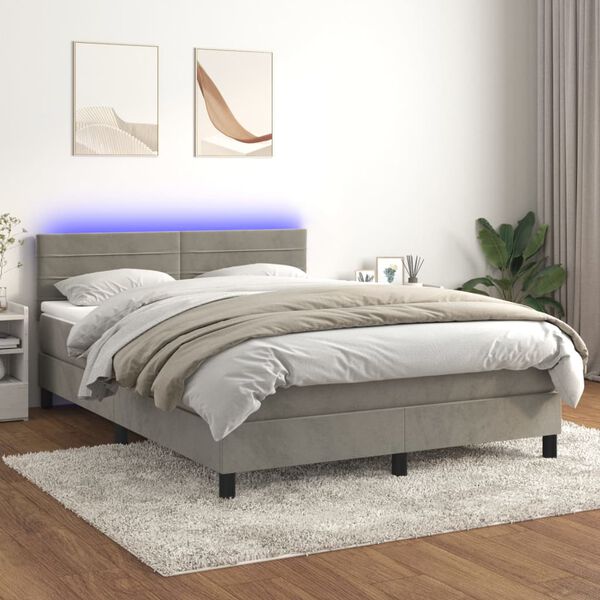 vidaXL Box spring postel s matrac&iacute; a LED světle &scaron;ed&aacute; 140x200 cm samet