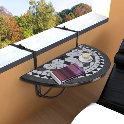 vidaXL Závěsný stolek na balkon černý a bílý mozaika