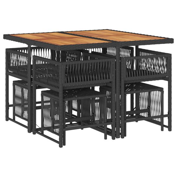 vidaXL 9d&iacute;ln&yacute; zahradn&iacute; j&iacute;deln&iacute; set s podu&scaron;kami čern&yacute; polyratan