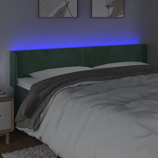 vidaXL Čelo postele s LED tmavě zelen&eacute; 203 x 16 x 78/88 cm samet