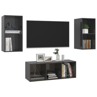 vidaXL 3dílný set TV skříněk šedý s vysokým leskem dřevotříska