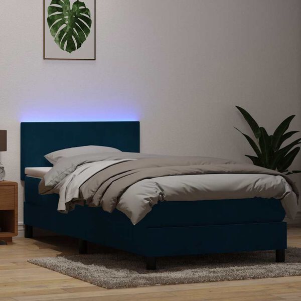 vidaXL Box spring postel s matrac&iacute; a LED tmavě modr&aacute; 80x210 cm samet