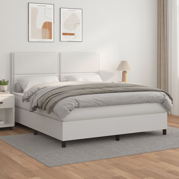 vidaXL Box spring postel s matrac&iacute; b&iacute;l&aacute; 180x200 cm uměl&aacute; kůže